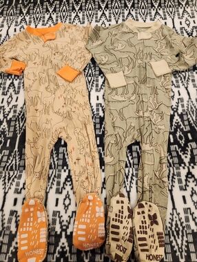 The Honest Company Beige and Sage Deer Footed One-Piece Set